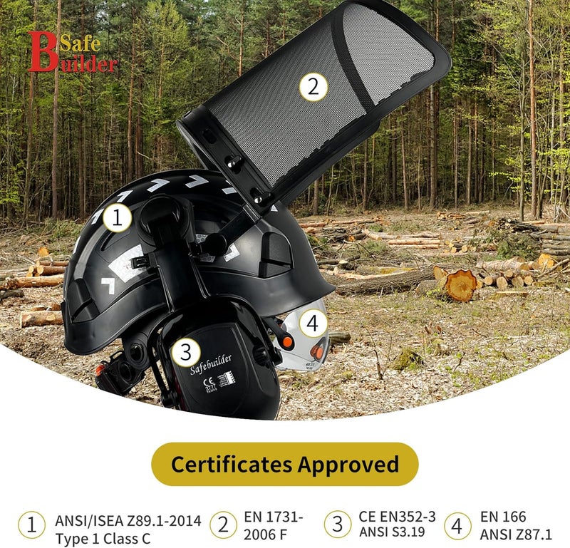 SAFEBUILDER Forestry Safety Helmet with Build-in Visor Mesh Face Shield Ear Muffs 4 in 1 Chainsaw Safety Hard Hats - Image 4
